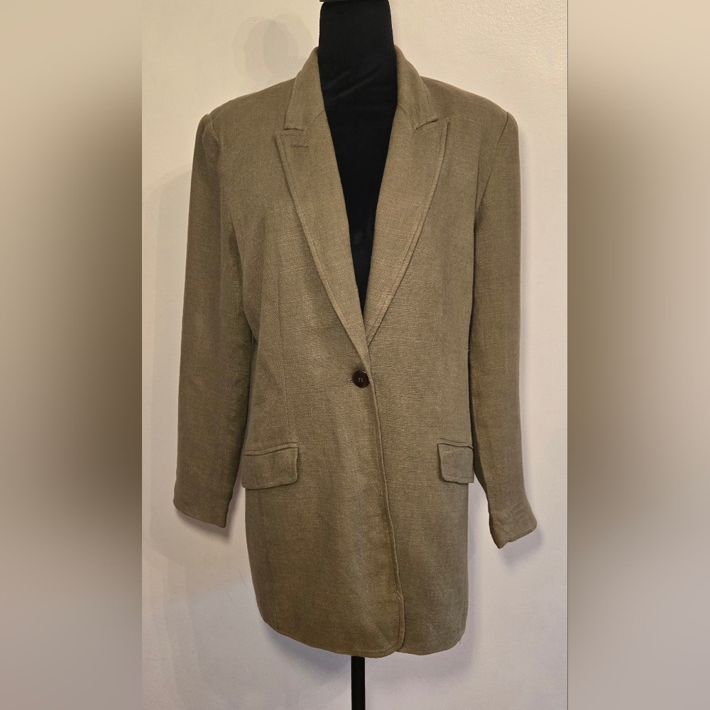 Halston Vintage 90s Womens Flax Rayon Olive Green Longline Blazer Oversized Sz 8